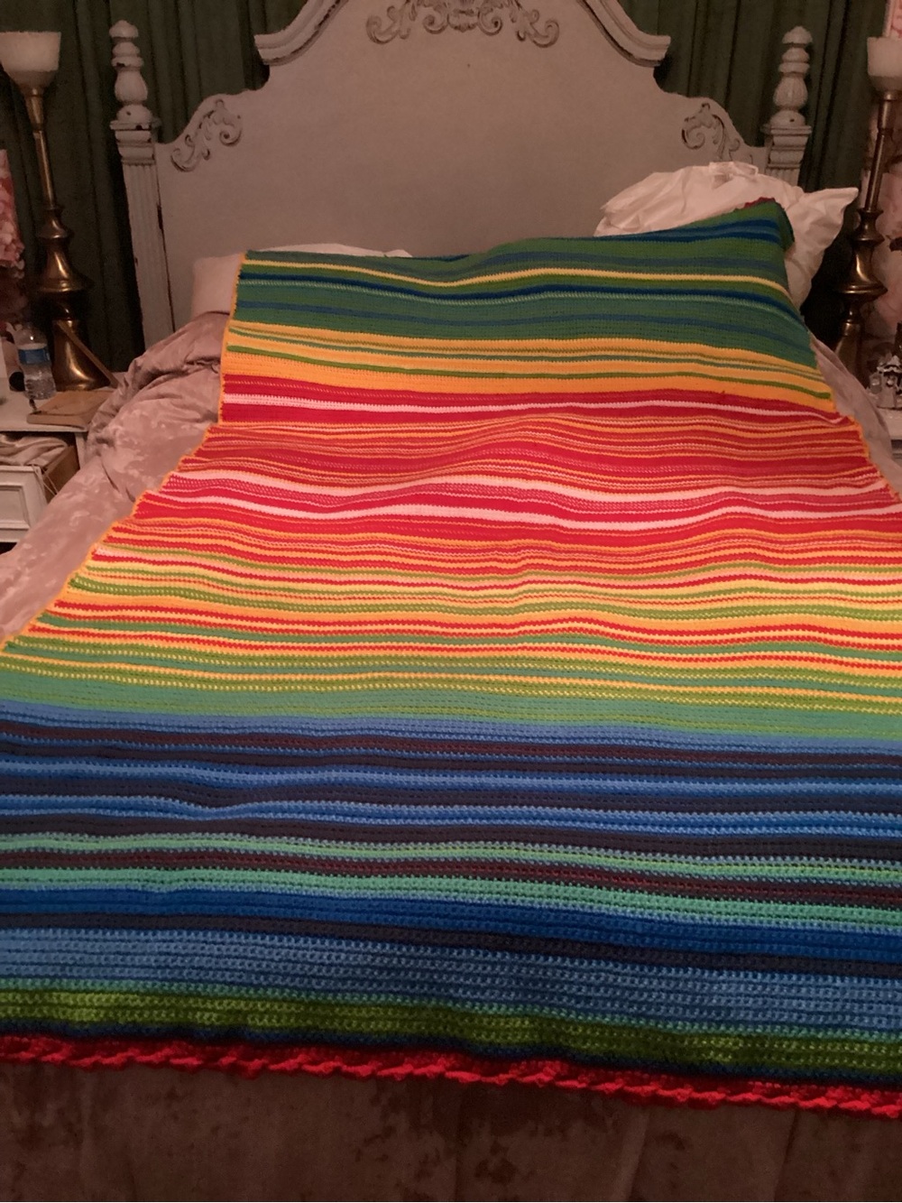 Multicolor Striped Crochet Bed Throw - Rainbow Colors 57” x 88”